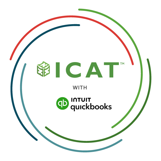 ICAT logo with QuickBooks logo, representing ICAT's add-on integration with the popular accounting software